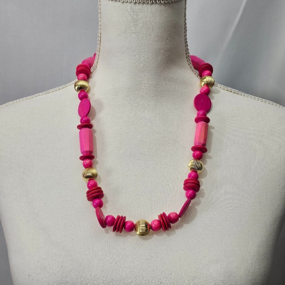 Vintage 1960's Carved Wood Beaded Boho Mod Hot Pink Statement Necklace